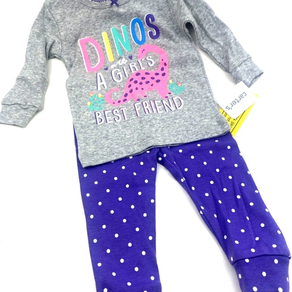Carter's Baby Pajams Size 6m Girls Sleepwear 2pc Set Top Pants Dinos Glitter - Picture 3 of 7